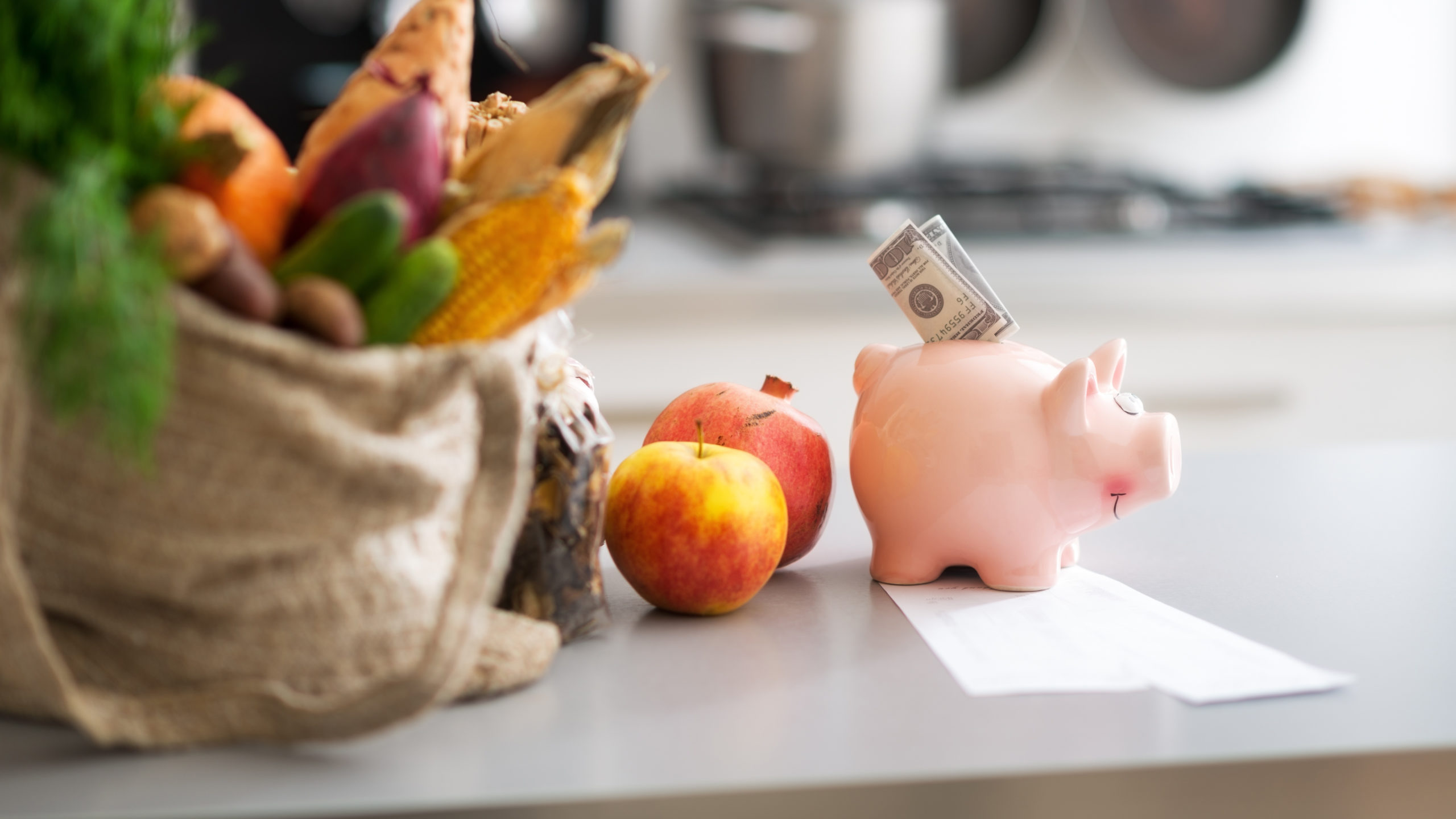 piggy bank with groceries