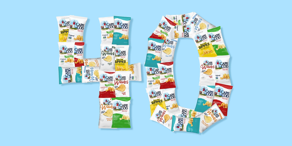 Bags of Cape Cod Chips arranged to read 40