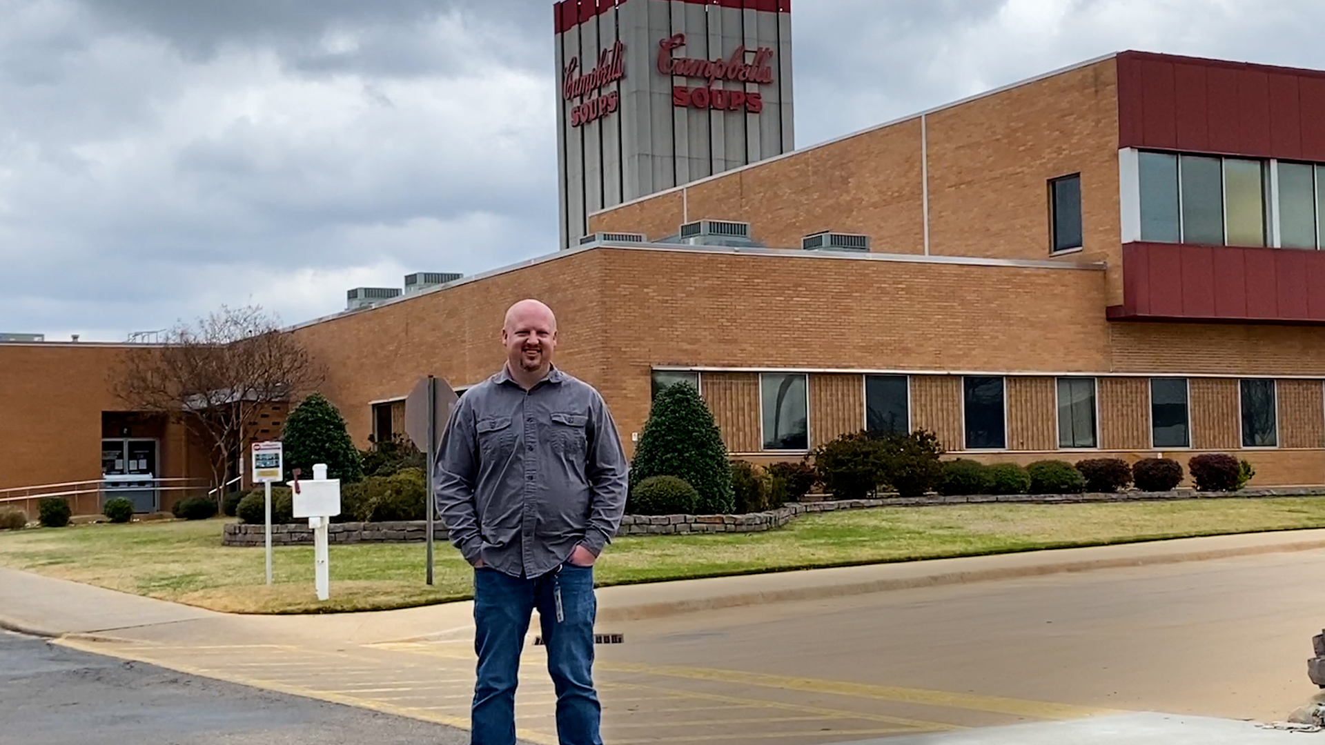 clay shovan in front of campbell paris plant