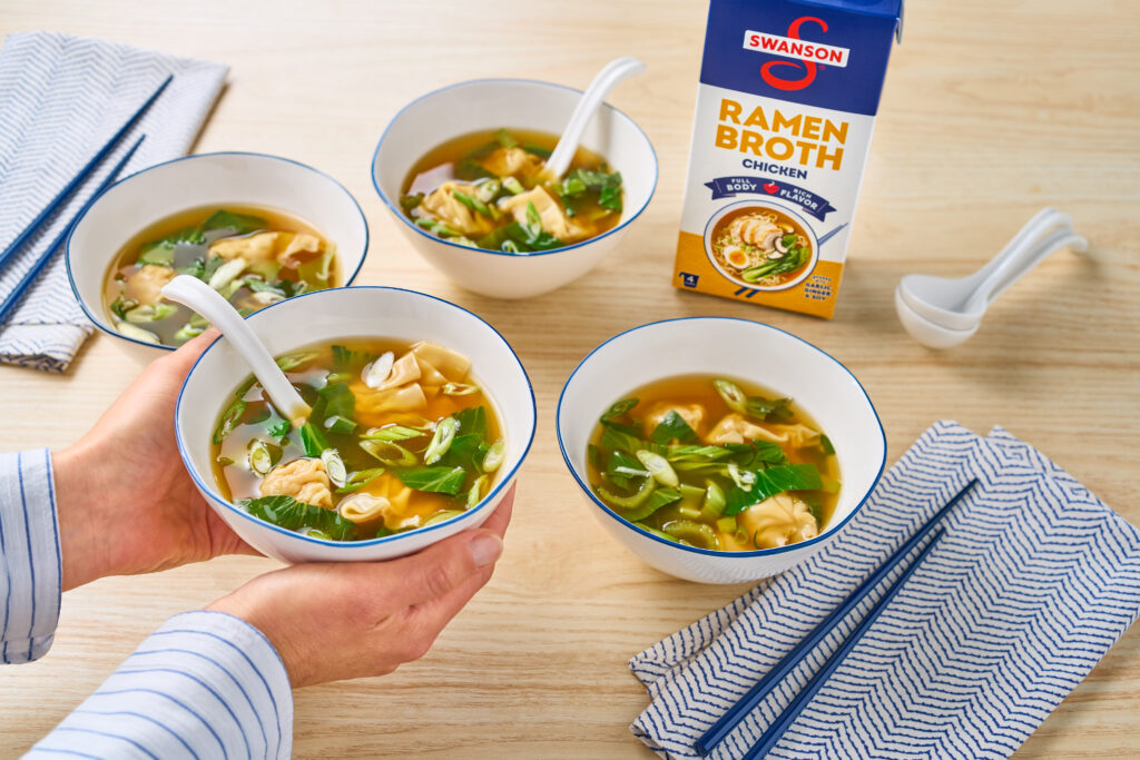 Four bowls of Wonton Ramen Soup featuring Swanson Ramen Chicken Broth