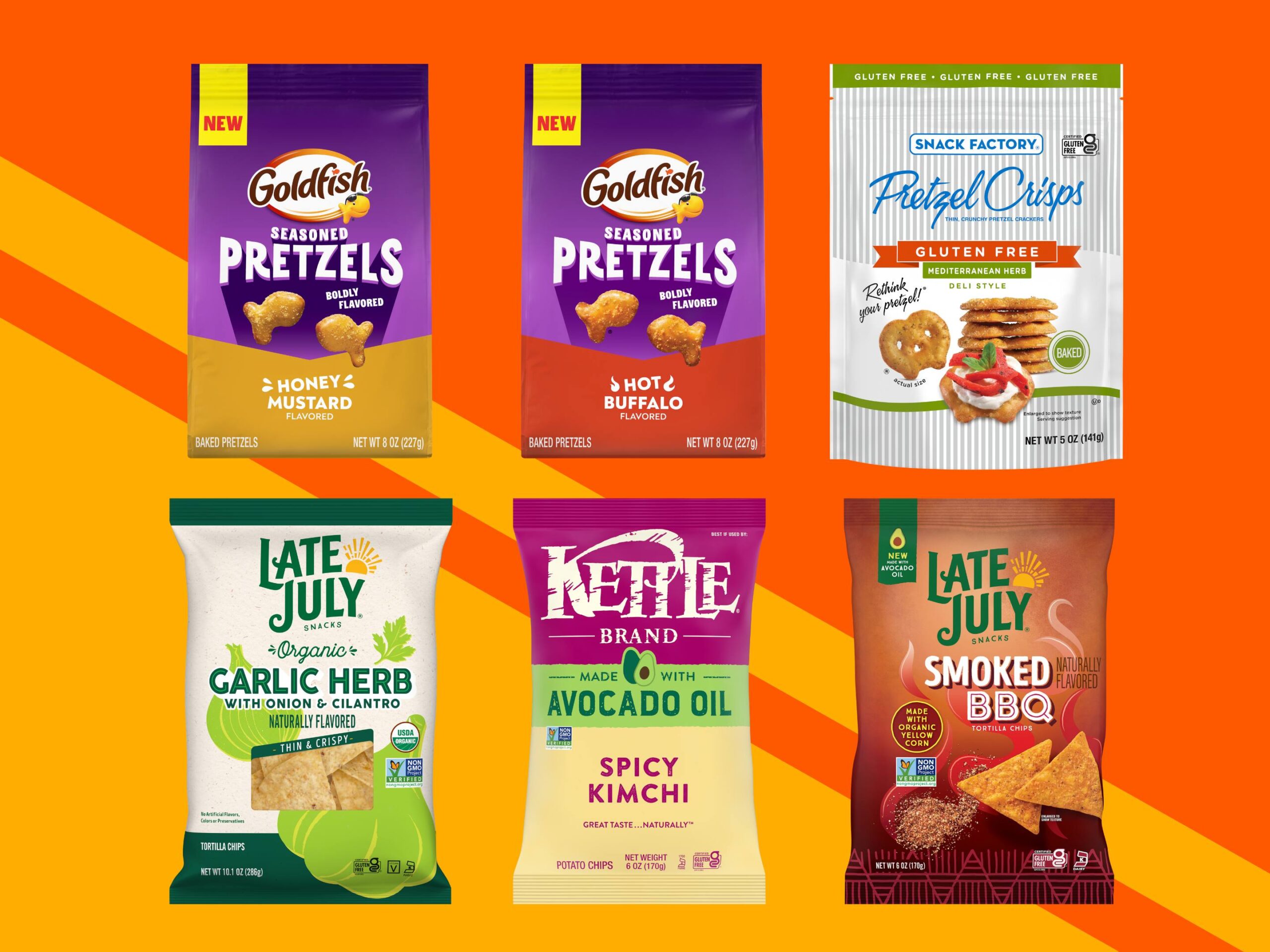 New snack flavors from Goldfish, Late July, Kettle Brand, and Snack Factory